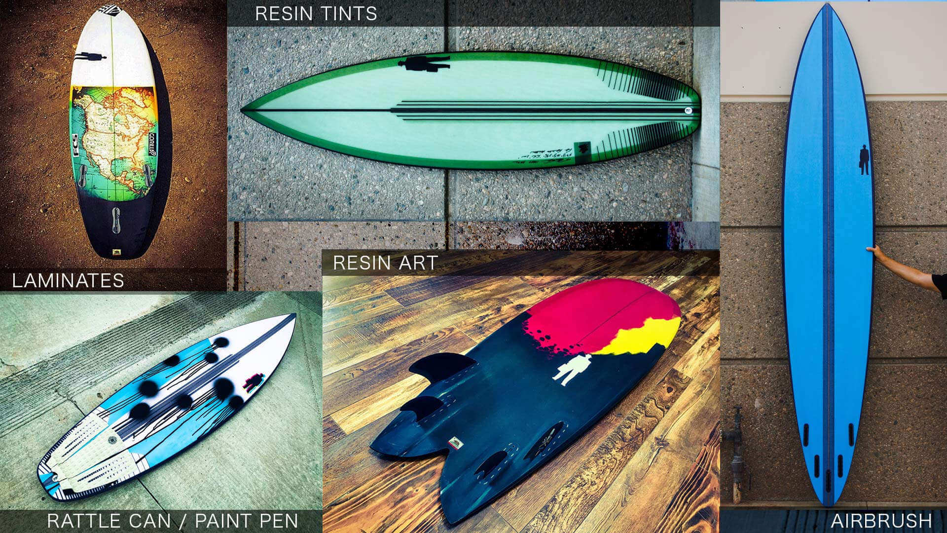 surfboard artwork galleries including airbrush, resin tint, resin art, laminates, branded surfboards
