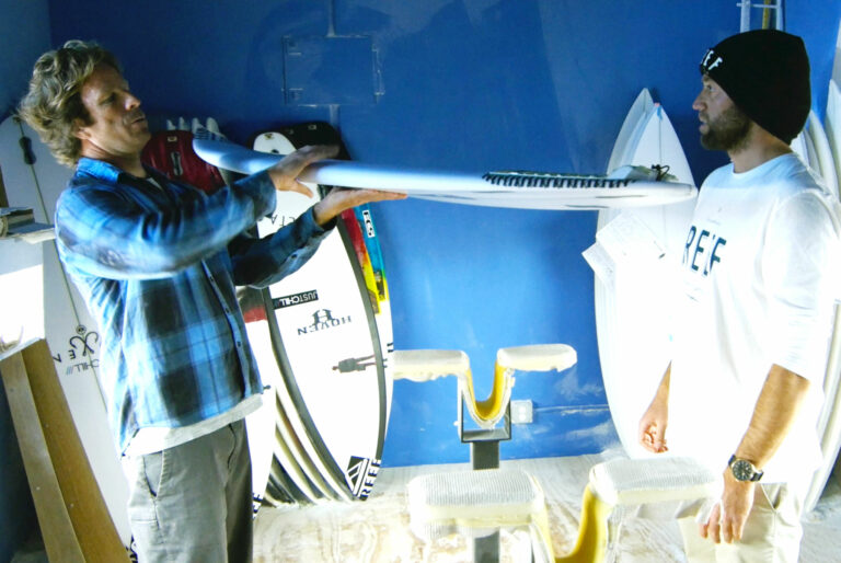 todd proctor and nick rozsa discuss gun surfboards and step-up surfboards in the shaping room