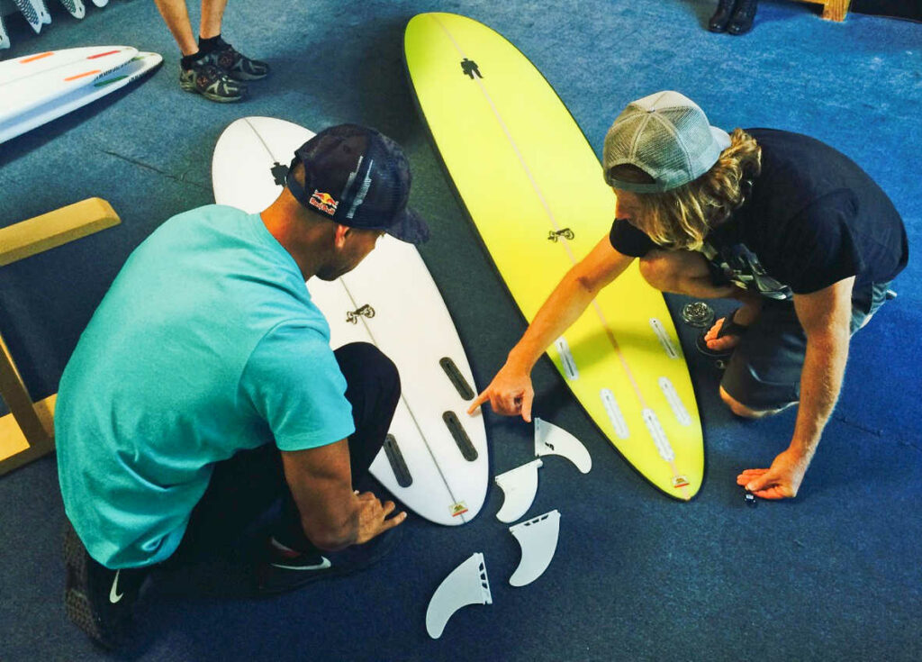 todd proctor and coco nogales discuss quad vs thruster fin placement on big gun surfboard