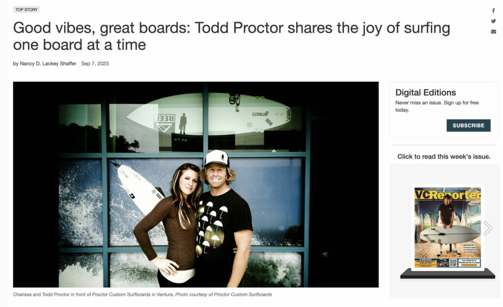 Charissa and Todd Proctor in front of Proctor Custom Surfboards in Ventura