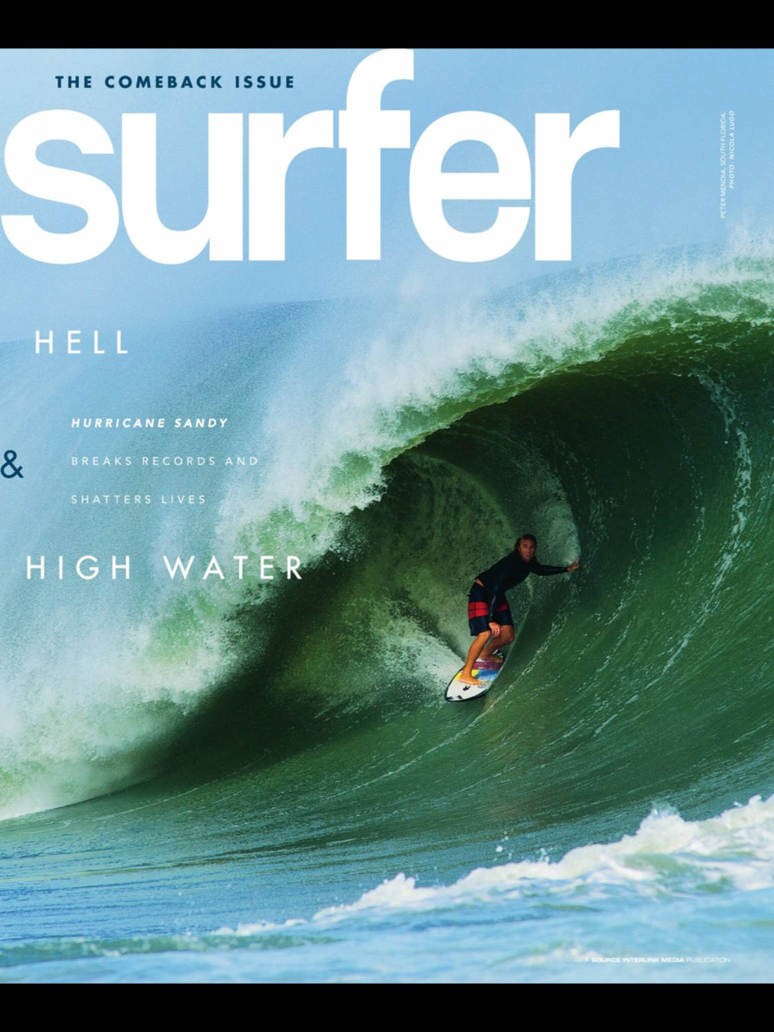 surfer magazine cover with peter mendia riding proctor surfboards greased pig during hurrican sandy