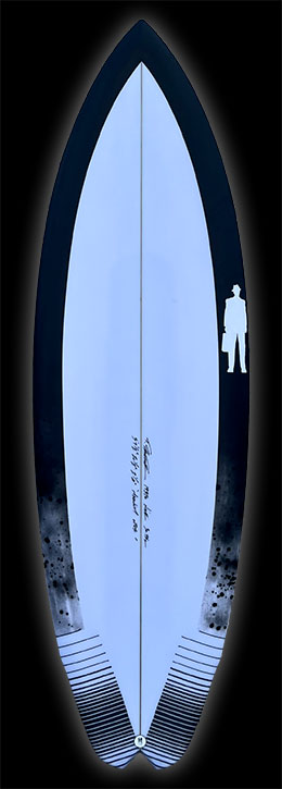 Magnum Opus surfboard with black rattle can rail art