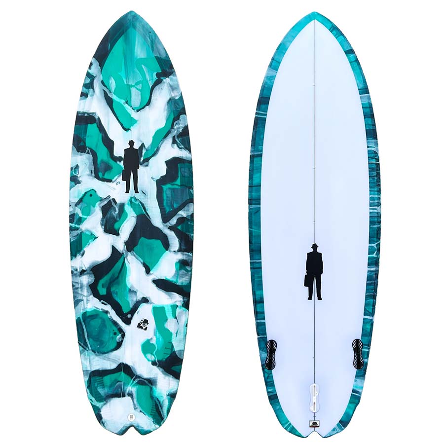 TRascal twin rascal surfboard fish Amazonian rainforest frog resin art deck & bottom view with cutlap on bottom